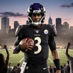 Lamar Jackson stands confidently with football on Pittsburgh field with stadium lights and AFC North logo above seats