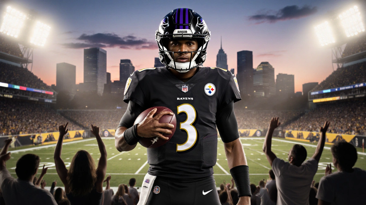 Lamar Jackson stands confidently with football on Pittsburgh field with stadium lights and AFC North logo above seats