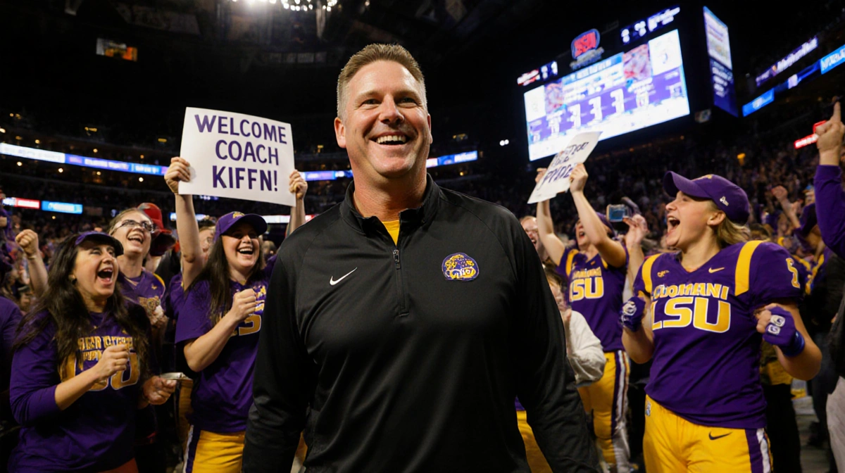 Lane Kiffin walking into the Sugar Bowl arena with a bright smile and LSU fans cheering while a scoreboard displays game scor