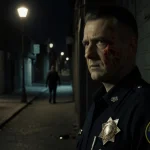 LAPD officer stands in dark alley with flickering streetlight casting shadows and retreating figure in background