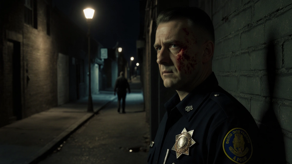 LAPD officer stands in dark alley with flickering streetlight casting shadows and retreating figure in background
