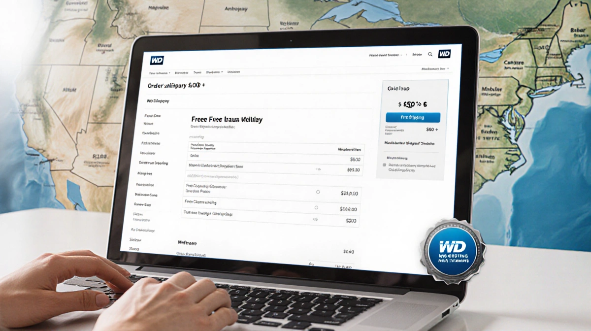 Person holding laptop with free shipping offer and membership badge against blurred US map.