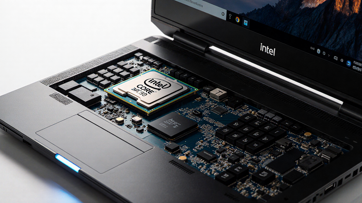 Laptop interior revealing Intel Core Ultra X9 388H processor and 12Xe3 GPU cores with white lighting and subtle shadows