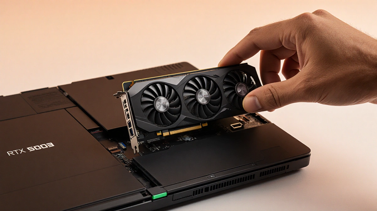 Hand clicking new RTX 5070 module with USB-C port into gaming laptop chassis and warm tones and clean background