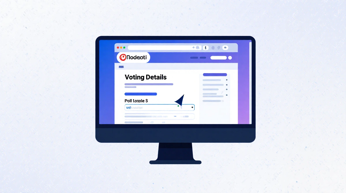 Laptop displays poll interface on website homepage with bold title Voting Details and arrow pointing to online voting link