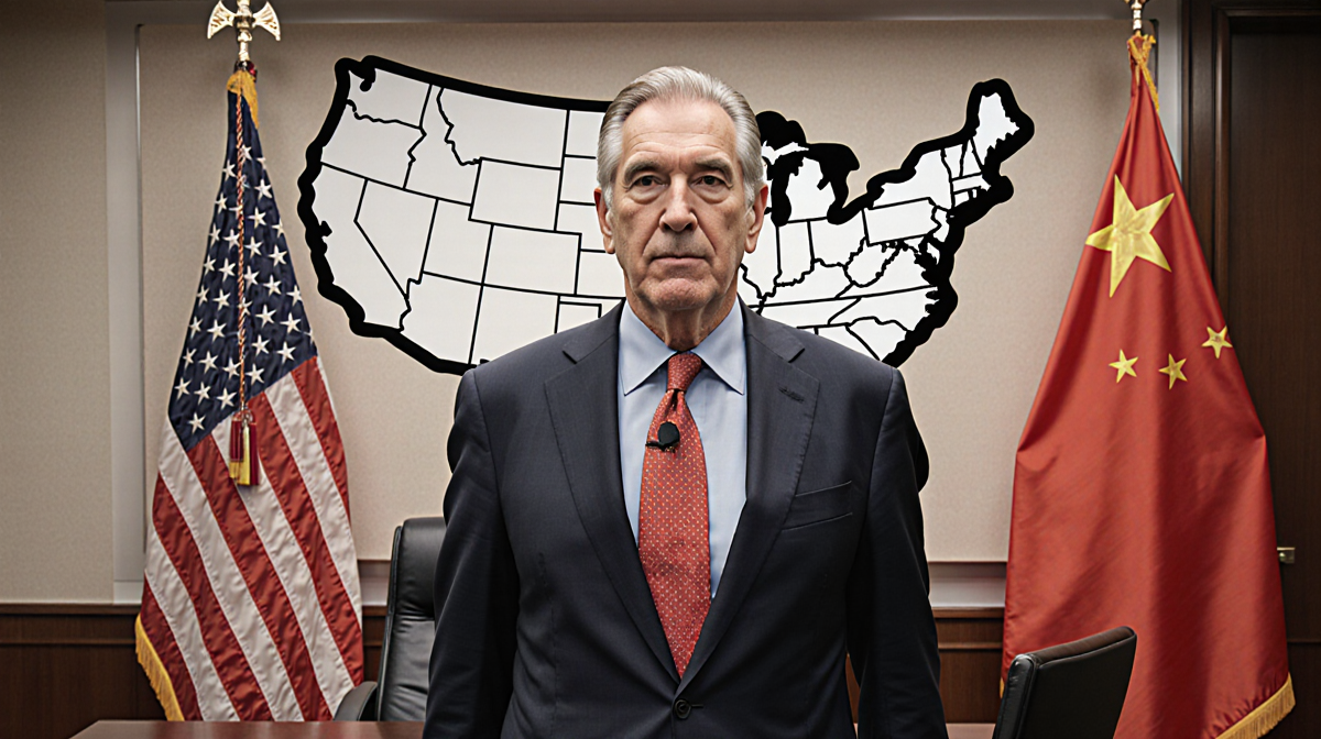 Larry Ellison standing with the American flag and a U.S. map hinting at TikTok ownership.