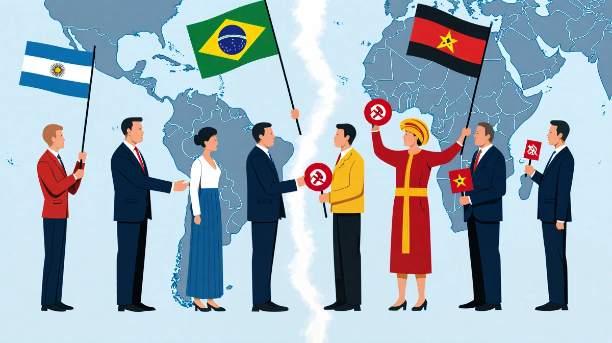 Right-wing leaders stand with flags across Latin America while left-wing presidents in traditional attire face them tension.