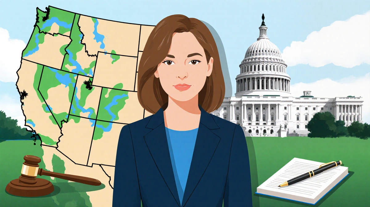 Rep. Lauren Boebert standing before map of rural America with green water sources and blurred White House backdrop expression