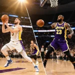 Luka Doncic dribbles and LeBron James shoots with Lakers crowd cheering on a golden sunset court.