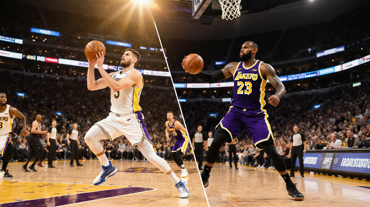 Luka Doncic dribbles and LeBron James shoots with Lakers crowd cheering on a golden sunset court.