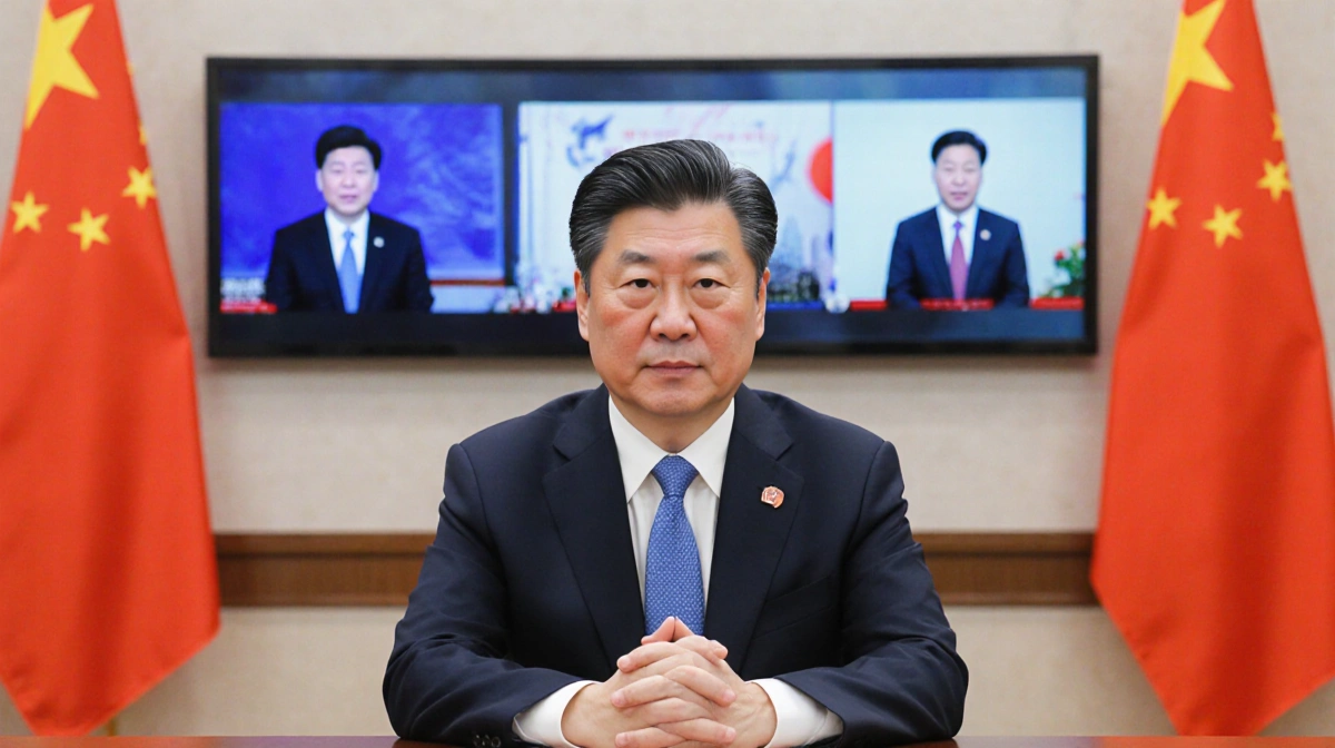 President Lee sits at Blue House with hands and looks at camera while screen shows flags hinting at One-China policy.