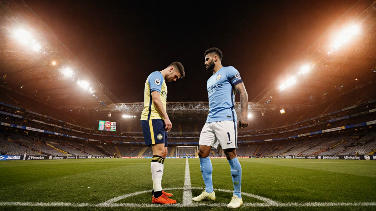 Brenden Aaronson kneels frustrated as Matheus Cunha triumphantly stands above him in a football stadium with orange lights.