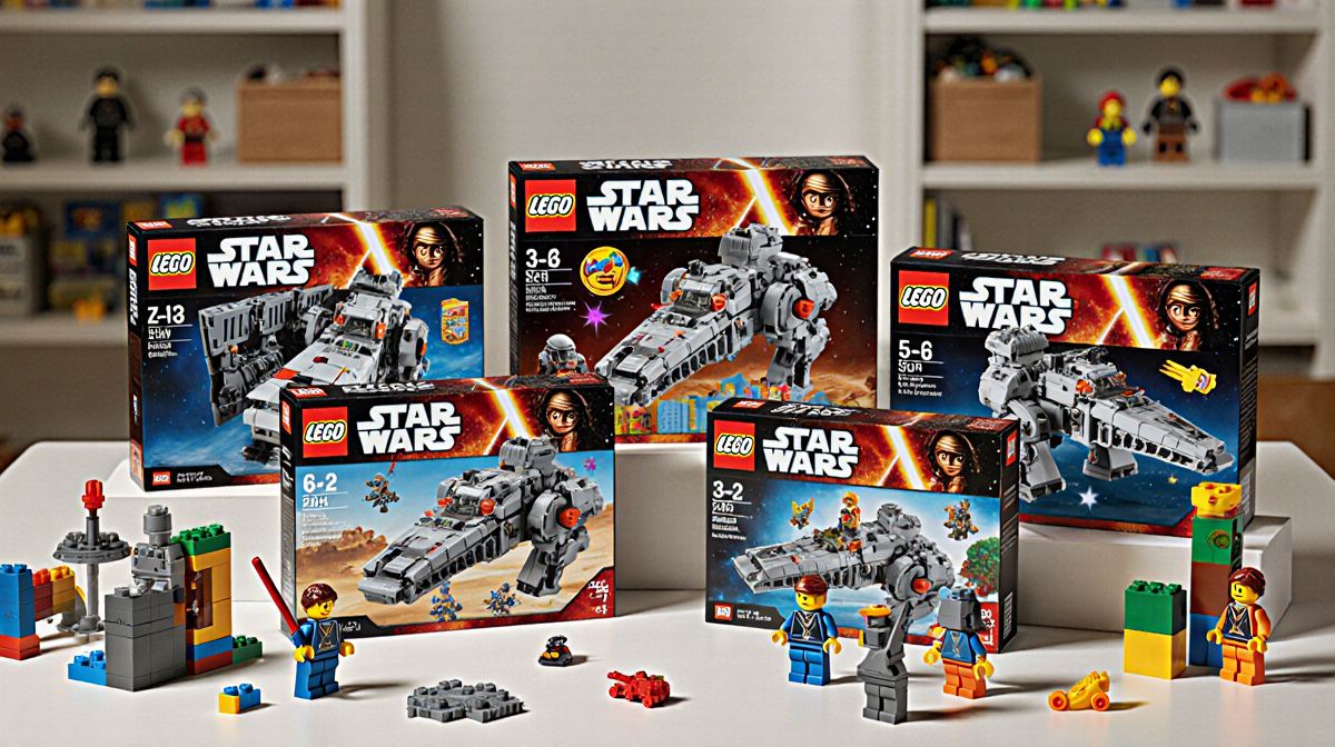 Five Lego Star Wars smart play sets arranged in a grid with interactive features and a toy-filled child's room backdrop