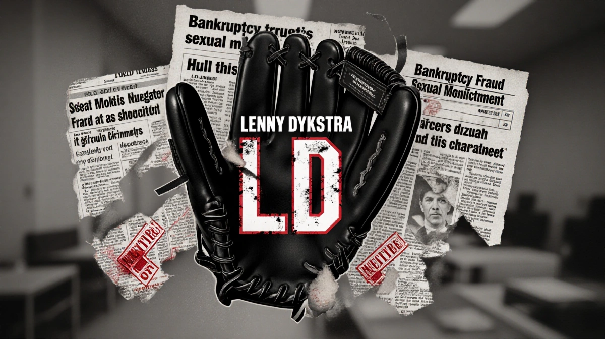 Baseball glove bearing the initials LD with torn edges and newspaper clippings of legal headlines surrounding it