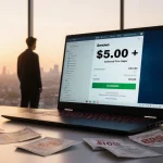 Person standing by Lenovo laptop with $5,000+ discount tag in warm dawn light and cityscape backdrop