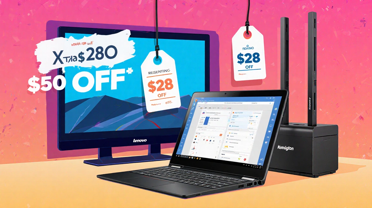 Lenovo laptop and tablet sit on desk with price tags showing savings and docking station powering 1080p displays