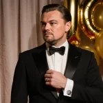 Leonardo DiCaprio standing on red carpet in a tuxedo with balloons and curtains at a film festival
