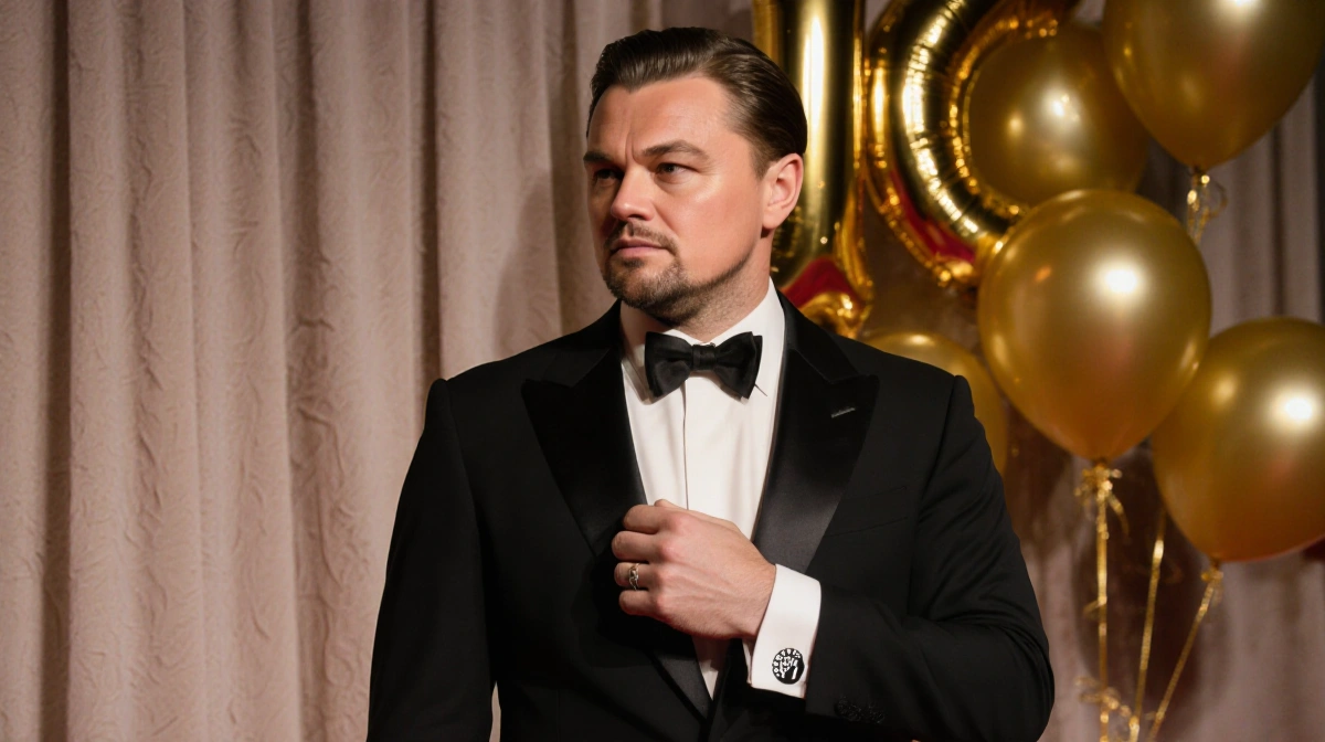 Leonardo DiCaprio standing on red carpet in a tuxedo with balloons and curtains at a film festival