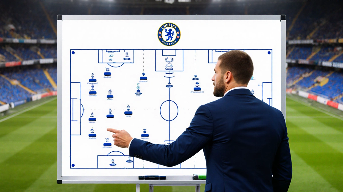 Liam Rosenior standing beside a whiteboard with football tactics and a Chelsea crest with a blurred stadium background