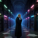 Figure standing at the edge of a shelf in a dimly lit library with glowing shelves and chalkboard equations