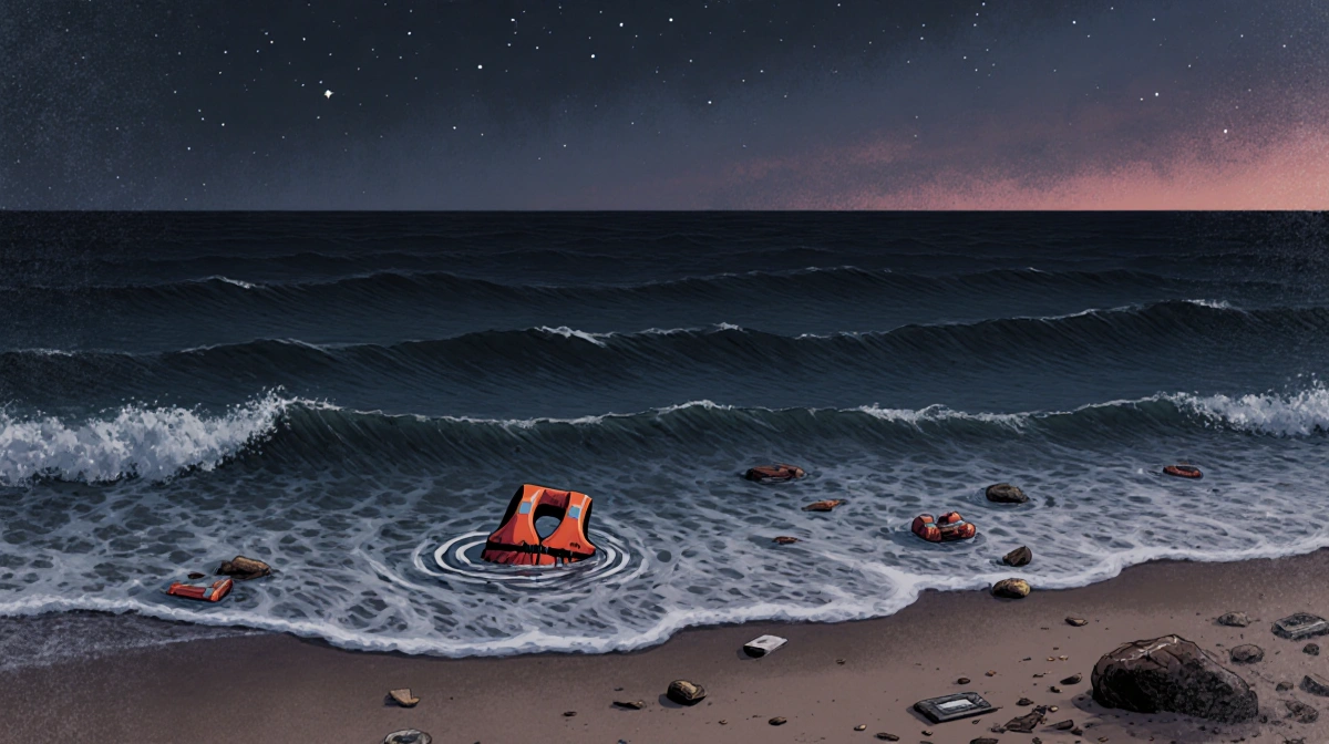 Life jacket bobbing in waves along a desolate beach at dusk with scattered debris and faint stars