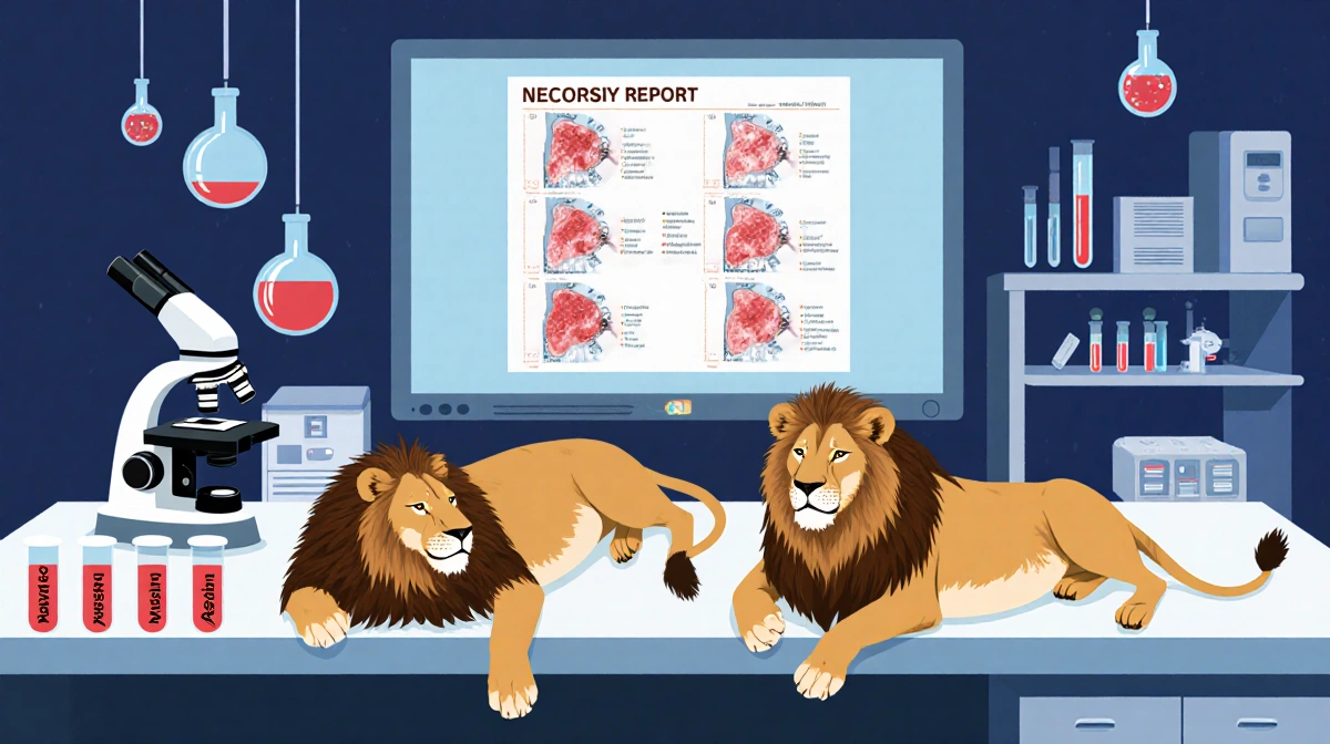 Lab table arranging lion pelts with microscope and labeled test tubes in background