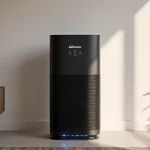 AirDoctor 4000 air purifier stands against a white wall in a modern living room with warm lighting and natural wood textures.