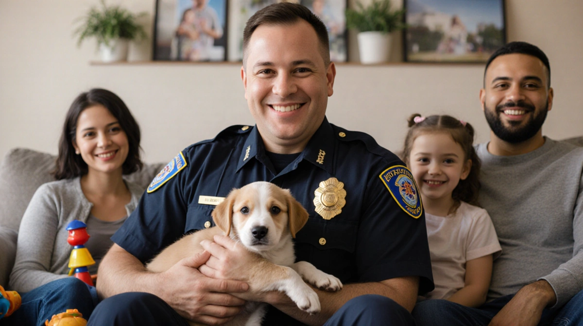 Officer holding puppy Flan with warm family living room in background and smiling.