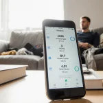 Person sits comfortably on couch with smartphone screen showing fitness tracking data and natural light illuminating the room