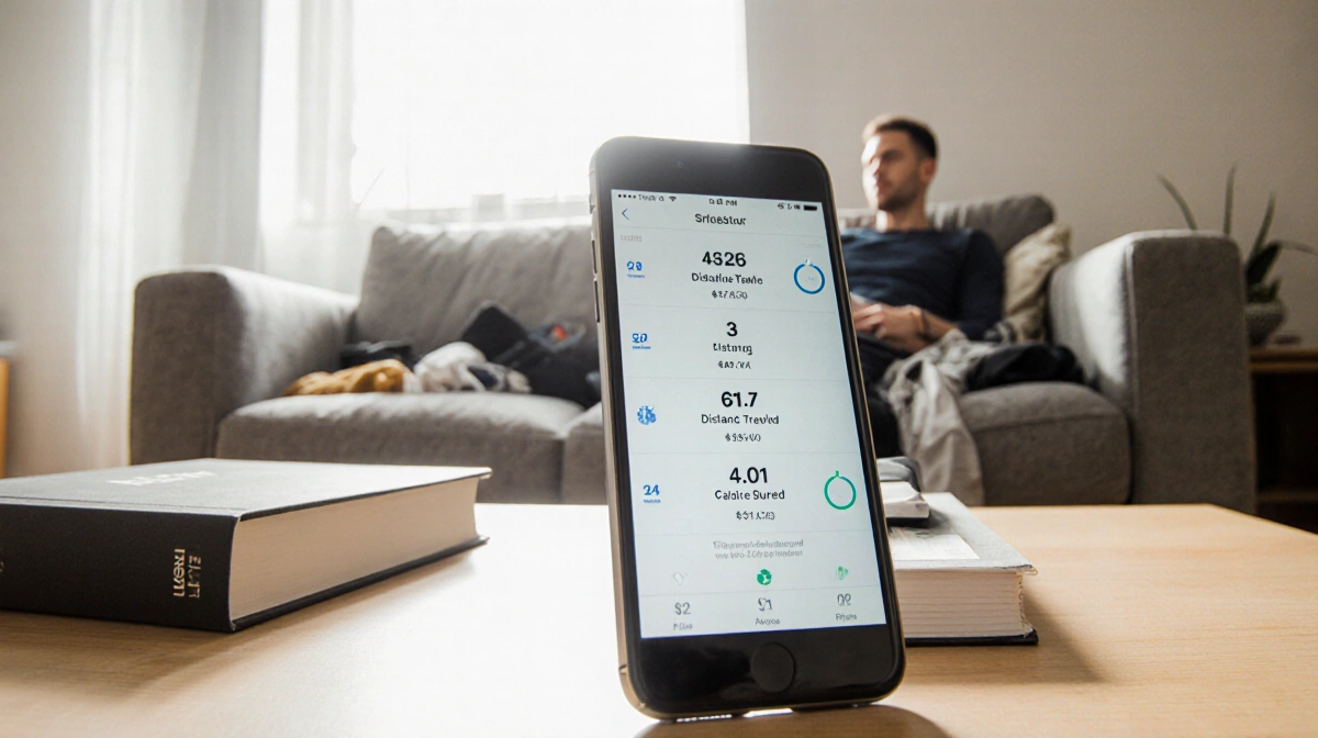Person sits comfortably on couch with smartphone screen showing fitness tracking data and natural light illuminating the room