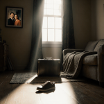 Abandoned shoe lies on couch with dimly lit eerie glow and a framed family photo hinting at law enforcement presence.
