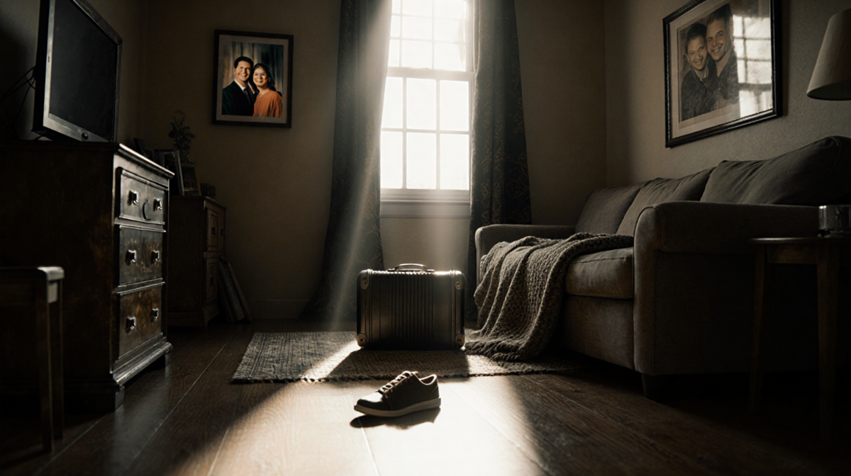 Abandoned shoe lies on couch with dimly lit eerie glow and a framed family photo hinting at law enforcement presence.