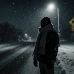 Lone figure stands on deserted street with streetlight and wind advisory signs in a snowstorm