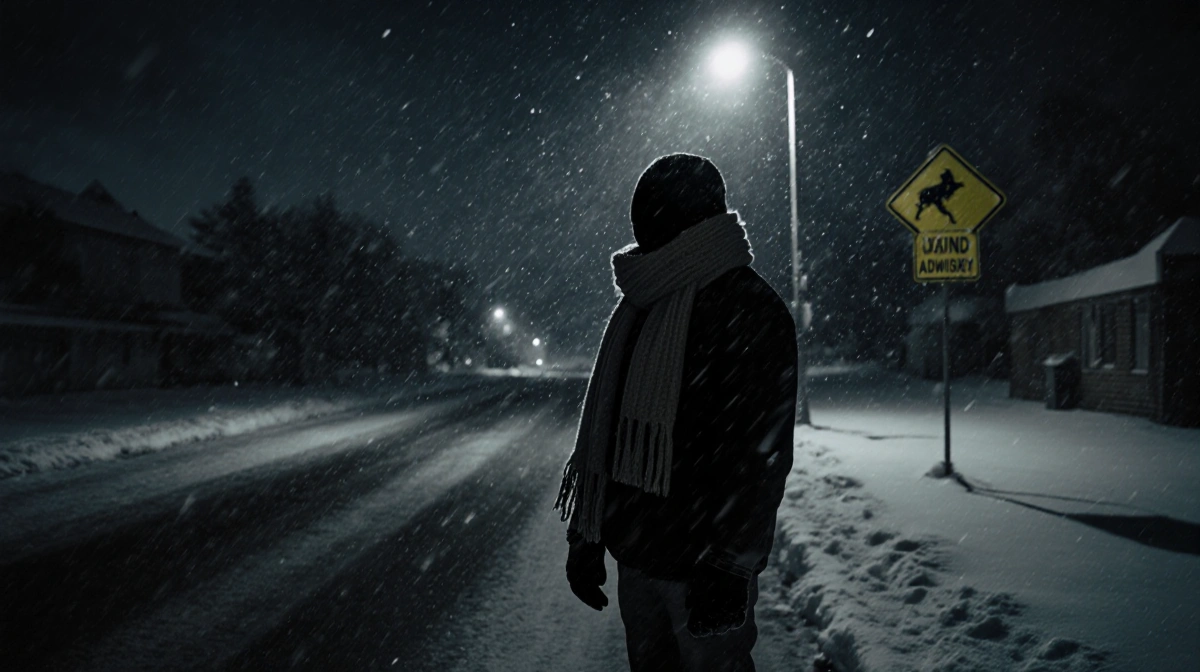 Lone figure stands on deserted street with streetlight and wind advisory signs in a snowstorm