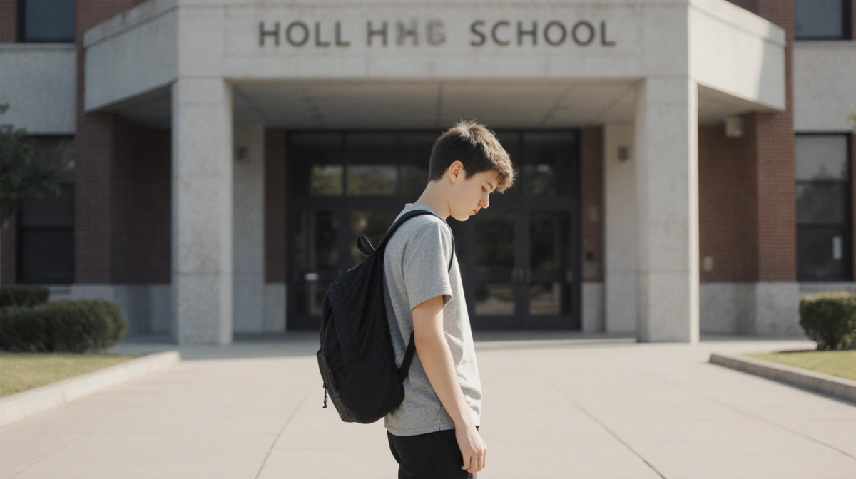 Teenager stands alone at imposing high school entrance with backpack slung over shoulder and eyes cast downward showing isola