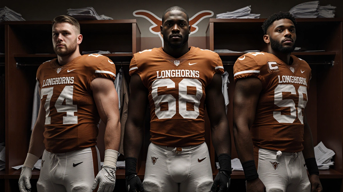 Four football players stand shoulder-to-shoulder with jerseys and injury reports a Texas Longhorns logo in a dim locker.
