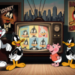 Bugs Bunny and Daffy Duck gather around an old TV with vintage posters and a glowing Looney Tunes montage creating nostalgia.