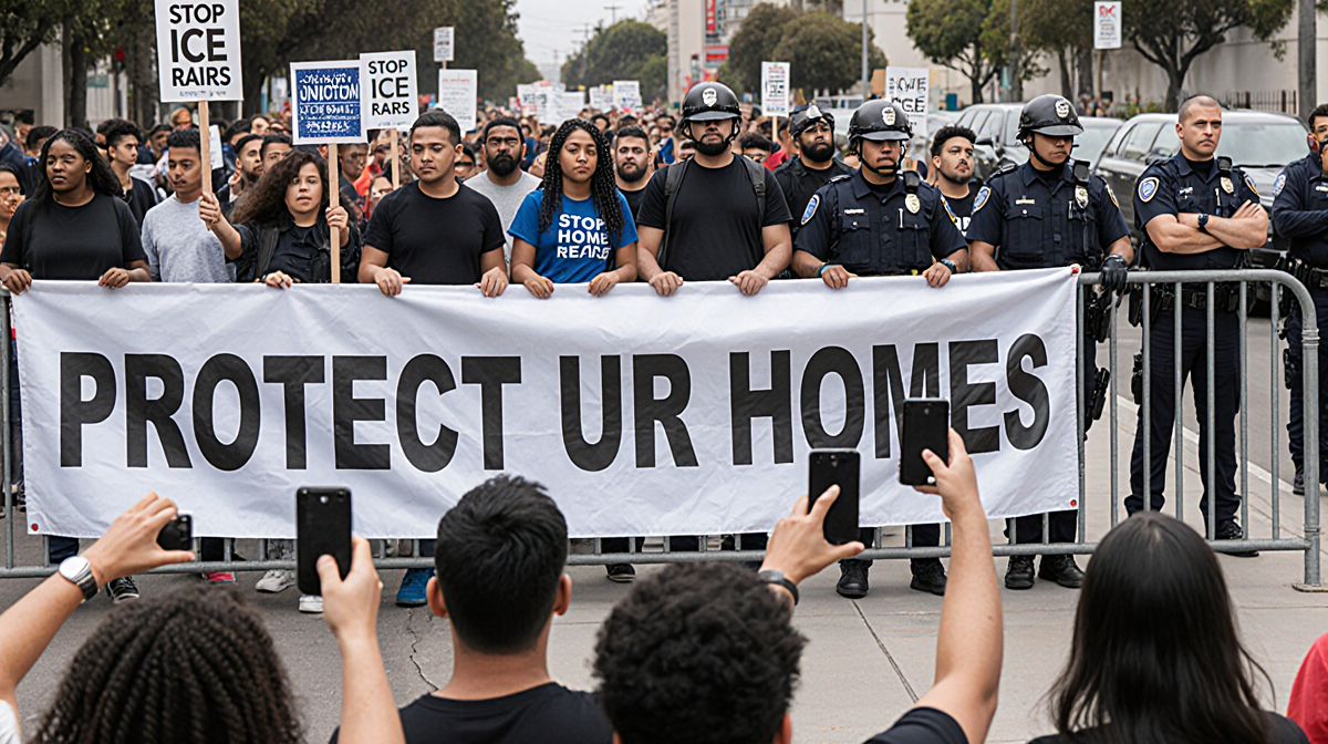 Protesters in Los Angeles hold signs with bold Protect Our Homes and Stop ICE Home Raids while police form a barrier.