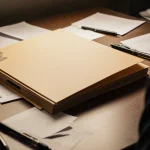 Federal employee personnel file open partially covered with scattered documents and pens on the desk evoking a serious mood.