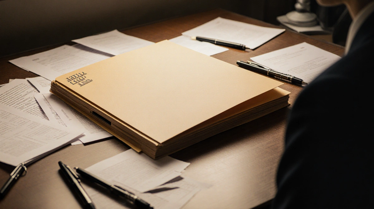 Federal employee personnel file open partially covered with scattered documents and pens on the desk evoking a serious mood.