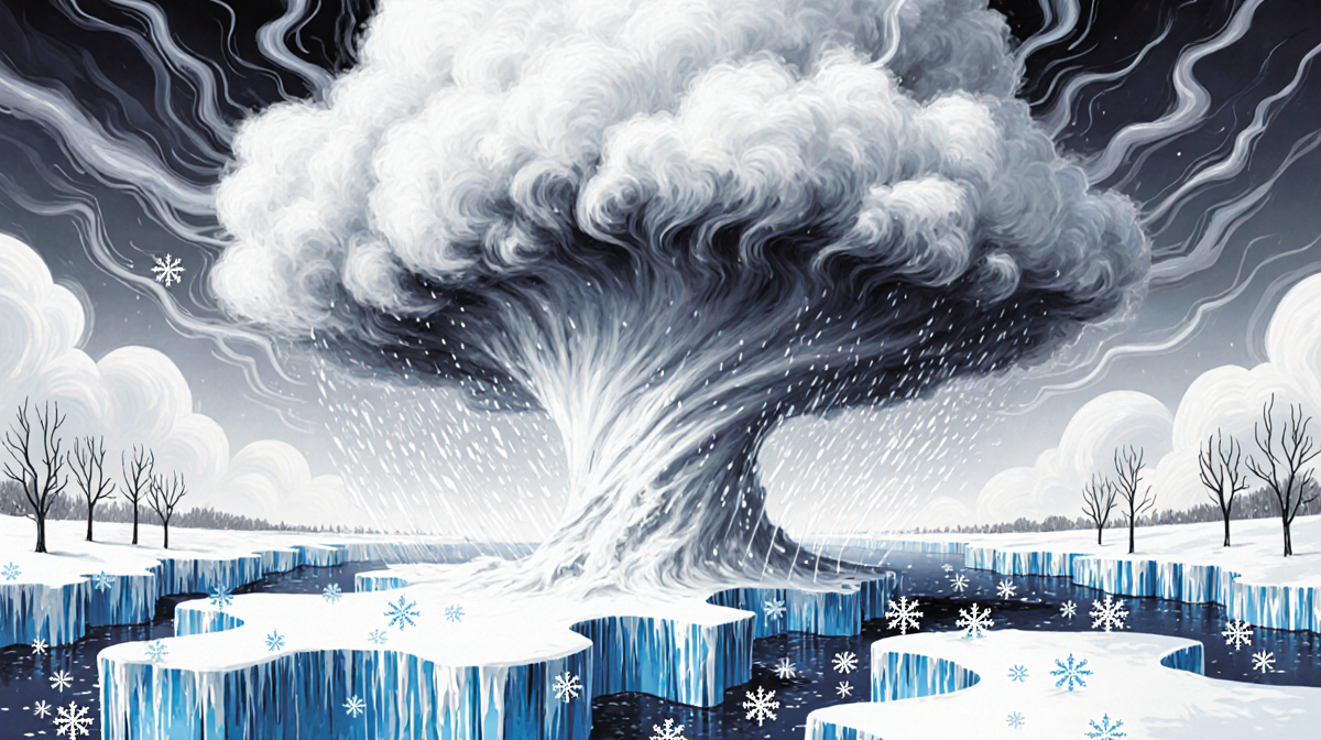 Swirling storm cloud twirls with falling snowflakes over a stark blue cold air mass near frozen trees