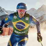 Lucas Pinheiro Braathen skiing Winter Olympics with Brazilian colors blazing against golden sunlight and towering mountains