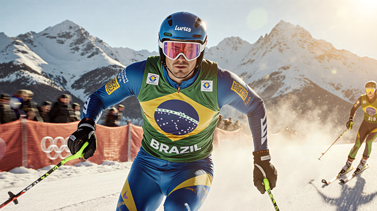 Lucas Pinheiro Braathen skiing Winter Olympics with Brazilian colors blazing against golden sunlight and towering mountains