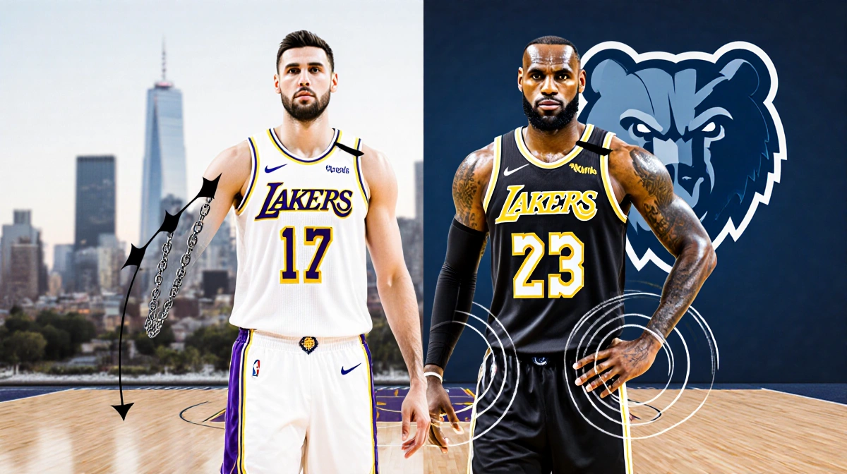Luka Doncic stands with arrows on arm and concentric rings around LeBron James against blurred city skyline Grizzlies logo