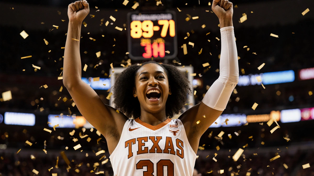 Madison Booker triumphs in basketball pose with confetti and Texas Longhorns logo above and scoreboard showing 89-71.
