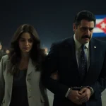 U.S. soldiers seize Nicolás Maduro and wife at an airport with handcuffs while a blurred Cuban flag waves in background.