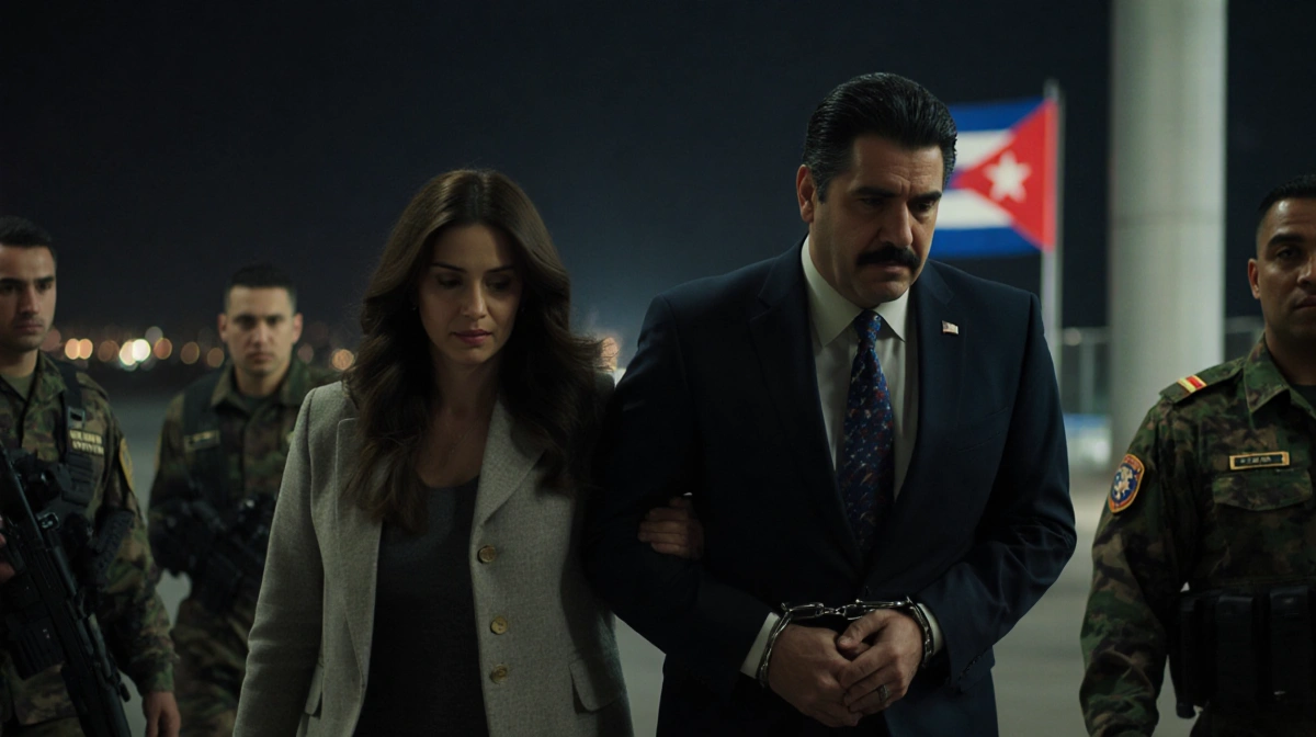 U.S. soldiers seize Nicolás Maduro and wife at an airport with handcuffs while a blurred Cuban flag waves in background.