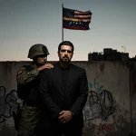 Maduro confronting an American soldier with graffiti wall and faint U.S. flag silhouette behind.