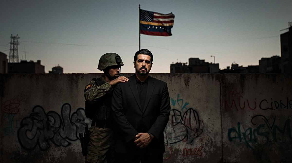 Maduro confronting an American soldier with graffiti wall and faint U.S. flag silhouette behind.