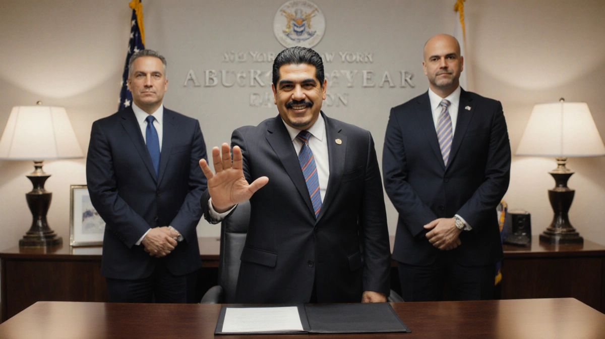 Maduro standing in front of a desk with DEA agents in suits behind him towards camera with his right hand greeting New Year